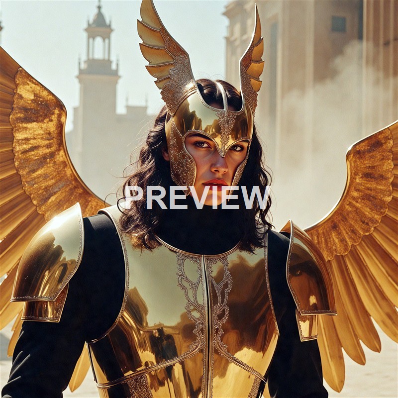 A woman dressed in elaborate, golden, winged armor with a matching helmet and a serious expression, standing outdoors with historic buildings in the background.